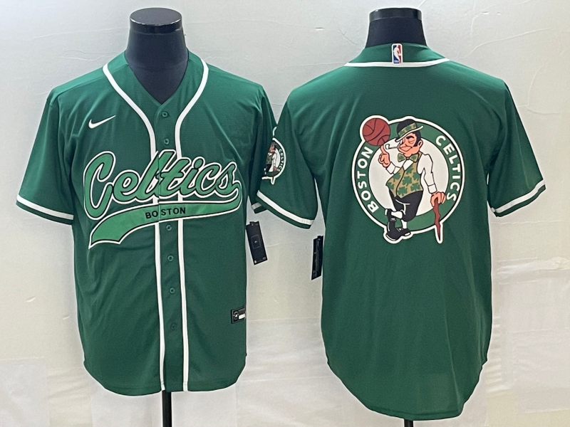 Men's Boston Celtics Green Team Big Logo With Patch Stitched Baseball Jersey Men's Boston Celtics Green Team Big Logo With Patch Stitched Baseball Jersey